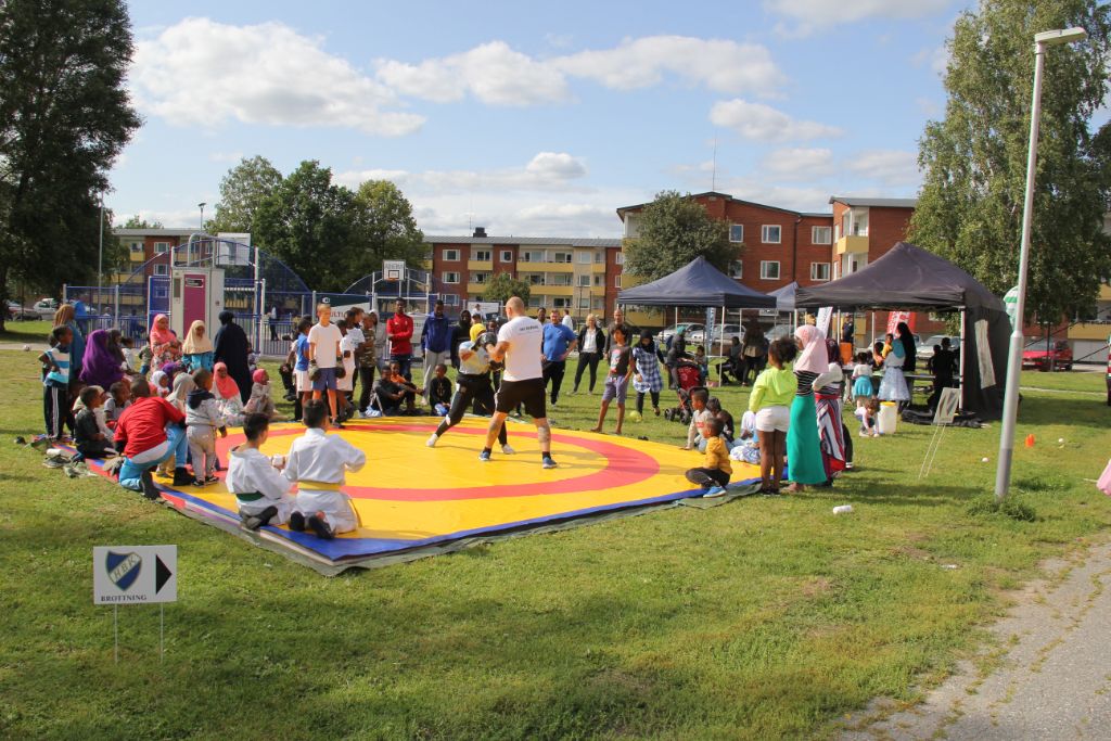 Stor folksamling som leker på gräsyta