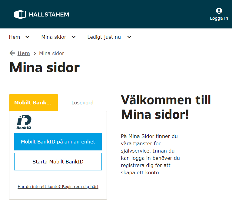 Skärmdump på Hallstahems nya design på Mina Sidor