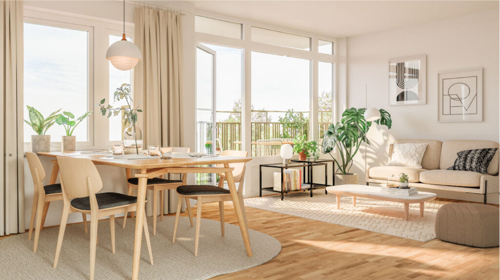 Allrum lägenhet med bord och soffa